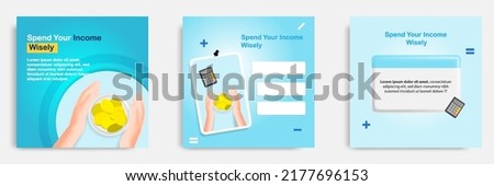 Social media post banner template, tips, tutorial, wisdom, advice, in 3D cartoon style. Financial, budgeting and saving concept, coin money on glass jar. Vector illustration
