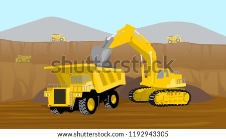 coal mining operation loading into heavy truck in valley mining vector illustration