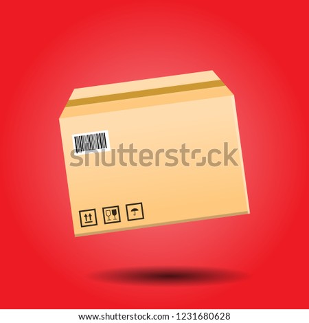 isolated package box flying with shadow in red background