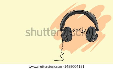 headphone hear music notes single line bad drawing with water color efect flat style illustration
