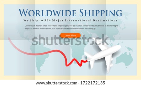 woordwide shipping, unfolded wolrd map with airplane route. copy space and learn more button concept vector illustration