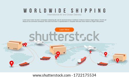 worldwide shipping by air and sea fright transport. transportation route. geo tagging. modern dot world map with coy space concept illustration.