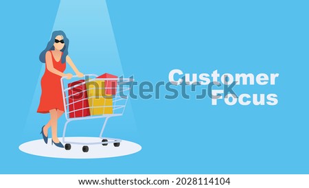 highligt woman pushing shopping cart for customer focus vector illustration