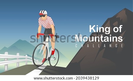 king of mountains challange. cyclist ride road bike up hill cycling with mountains background. flat style vector illustration