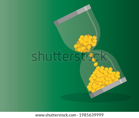 Hourglass vector image with money on green background icon, isolated object on white background technology, Web illustration in golden color. Business maid and super vector illustration 