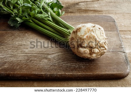 Organic celery root celery and leaves of celery