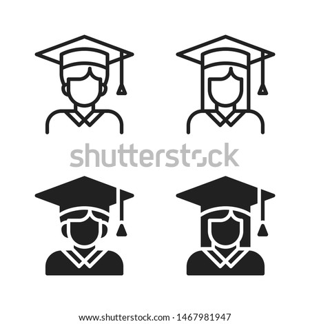 Student Avatar, Boy, Girl, With Graduation Cap, Education School Line, Glyph Icon Set Symbol Vector