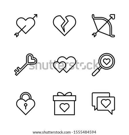 Love Outline Vector Icon Set 1, Cupid, Broken Heart, Bow, Key, Hearts, Magnifying Glass, Padlock, Gift and Chat Bubble