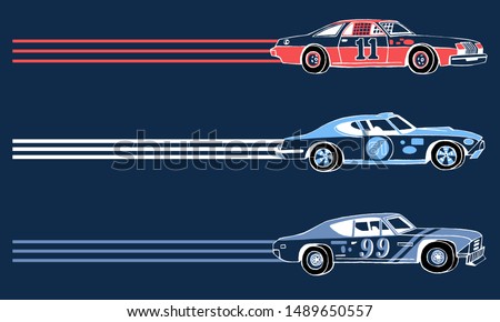 Hand drawn retro racing cars. Moving sport cars. Grand Prix background. Side View.  The 1970's  Foto stock © 
