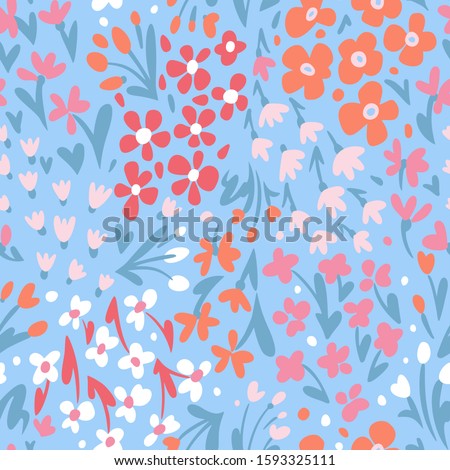 Small daisies and different meadow flowers, forbs and plants. Repeat botanical pattern. Hand drawn florals. Flat style illustration. Trendy fashion design for textile, fabric, surface and wrapping.