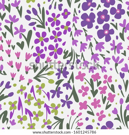 Small daisies and different meadow flowers, forbs and plants. Repeat botanical pattern. Hand drawn florals. Flat style illustration. Trendy fashion design for textile, fabric, surface and wrapping.