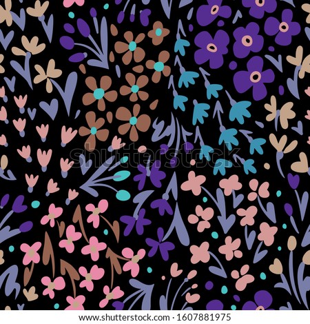 Small daisies and different meadow flowers, forbs and plants. Repeat botanical pattern. Hand drawn florals. Flat style illustration. Trendy fashion design for textile, fabric, surface and wrapping.