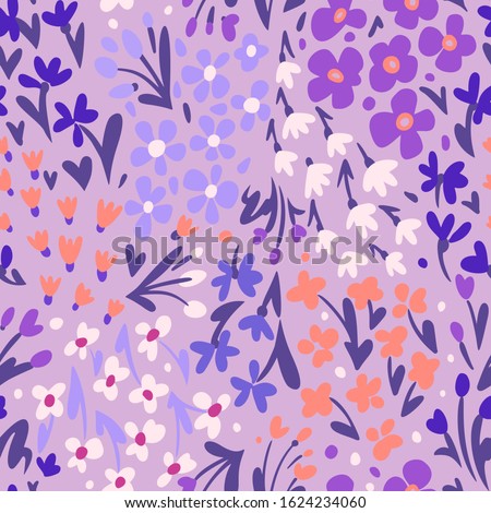 Small daisies and different meadow flowers, forbs and plants. Repeat botanical pattern. Hand drawn florals. Flat style illustration. Trendy fashion design for textile, fabric, surface and wrapping.