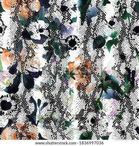 Watercolor floral seamless pattern. Ditsy of anemones, daisy flowers and roses buds. Bright colorful botanical ornament with animal snake skin print texture. Trendy mixed styles. Summer spring motif.