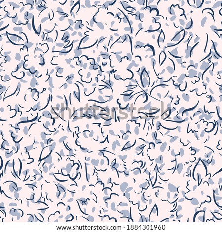 Floral background. Seamless pattern made of outline contour flowers. Plant borders curved lines with ornate leaves. Simple nature illustration.