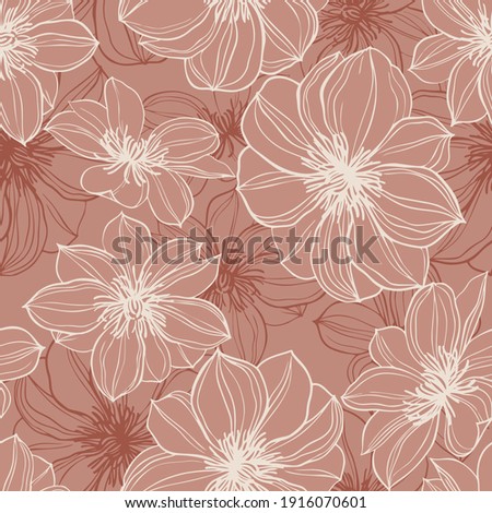 Floral background. Large flowers. Graphic line drawing. Botanical seamless pattern. Summer motif.