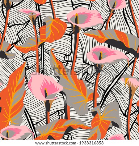 Vector floral seamless pattern with exotic calla flowers. Flamingo flowers mixed with detailed Palm leaves texture. Hawaiian, jungle plant pattern. Summer floral elements. Graphic, line drawing.