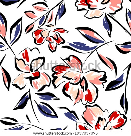 Hand drawn summer floral backround. Botanical seamless pattern made of abstract flowers. Sketch drawing. Vintage style. Goof for bedding, textile, fabric, wallpaper.