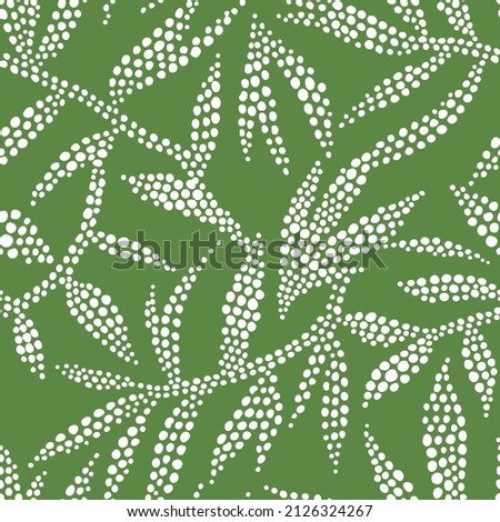 Abstract nature background. Botanical seamless pattern in flat modern manner. Hand drawn foliage in dotted flat style. Leafage silhouettes. Outline contour drawing. Good for fashion, textile, fabric.
