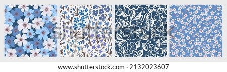 Ditsy liberty style seamless patterns. Set of summer daisy flowers in white and blue. Simple flat modern drawing. Floral texture collection for textile and fashion design. Spring botanical print. Imagine de stoc © 