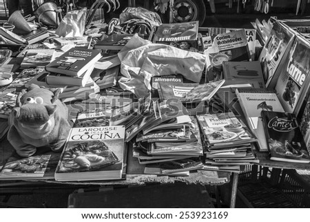 SINEU, MAJORCA, SPAIN - February 06, 2013: Farmers Market Bookstore B/W  Old books for sale on the famous farmers market in Sineu, black and white photography