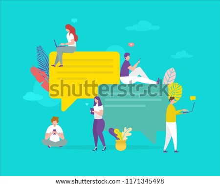 happy people use mobile smartphone and laptop for chatting in social media, people chatting on cellphone, 
can use for, landing page, template, ui, web, mobile app, poster, banner, flyer