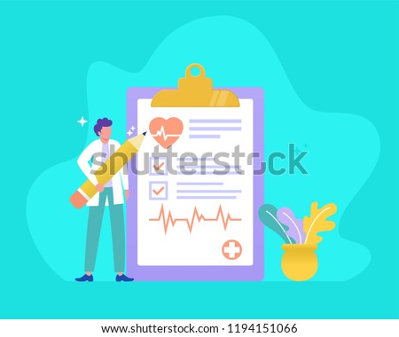 health check up vector illustration concept, doctor holding pencil and form, can use for, landing page, template, ui, web, mobile app, poster, banner, flyer
