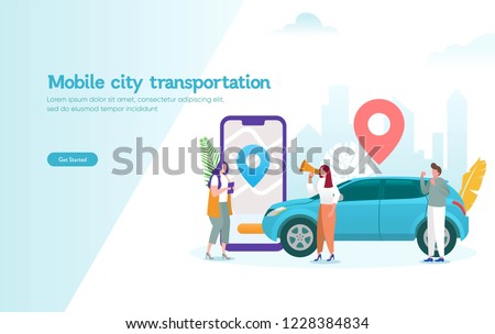 mobile city transportation vector illustration concept,  Online car sharing 
 with cartoon character and smartphone, 
can use for, landing page, template, ui, web, mobile app, poster, banner, flyer