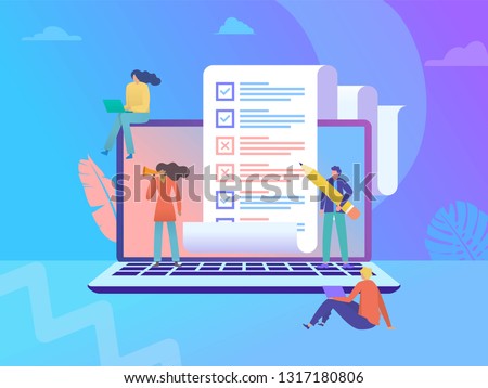 online survey vector illustration concept, people filling online survey form on laptop, to do list paper note,  can use for, landing page, template, ui, web, homepage, poster, banner, flyer