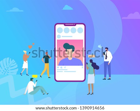 social media marketing vector concept illustration, happy woman and men give like comment on Instagram, can use for, landing page, template, ui, web, homepage, poster, banner, flyer, infographic