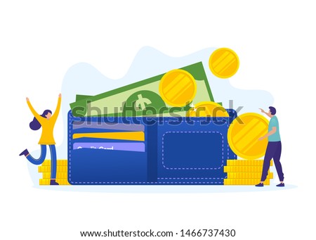 men and woman with big wallet and stack of coin, online payment, e transfer digital wallet vector illustration concept, can use for, landing page, template, ui, web, homepage, poster, banner, flyer