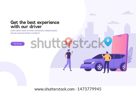 happy man wait for taxi driver vector illustration concept,  Online car sharing 
 with cartoon character and smartphone
can use for, landing page, template, ui, web, mobile app, poster, banner, flyer