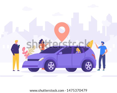 group of people sharing car, online car sharing service vector , happy friend with multi ethnic standing next to car, can use for, landing page, template, ui, web, mobile app, poster, banner, flyer