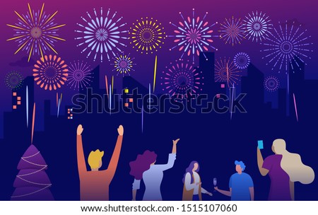 crowd watching firework and celebratin new year eve vector concept group of people having fun at night illustration can use for, landing page, template, ui, web, mobile app, poster, banner, flyer