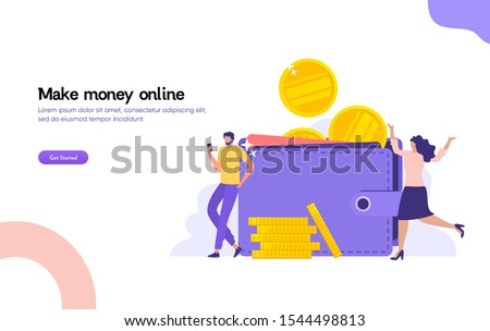 men and woman with big wallet and stack of coin, online payment, e transfer digital wallet vector illustration concept, can use for, landing page, template, ui, web, homepage, poster, banner, flyer