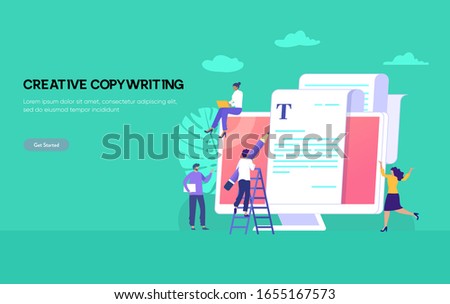 copywriting vector illustration concept, happy man and woman typing article on laptop can be use for, landing page, template, ui, web, mobile app, poster, banner, flyer