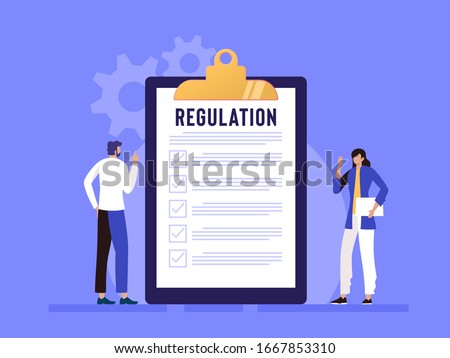 Regulation Compliance Rules Law vector illustration concept, people understanding rules with big clipboard and paper, can use for, landing page, template, ui, web, homepage, poster, banner, flyer