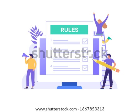 Regulation Compliance Rules Law vector illustration concept, people understanding rules with big computer and paper, can use for, landing page, template, ui, web, homepage, poster, banner, flyer