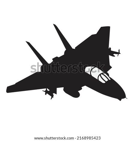 Jet fighter black silhoutte. Plane icon sign or symbol. Airplane missile bomber logo. Military stealth aircraft. Air force aviation. War planes. Modern warfare combat technology. Vector illustration.