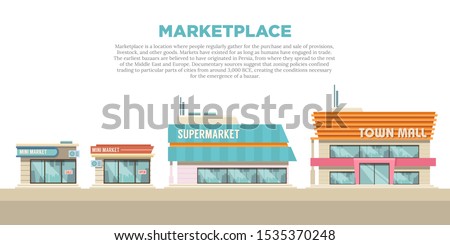 Illustration of various marketplace store buildings. Shop and Trade business building from the front view. Cartoon drawing of a shop building.