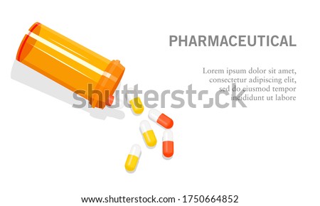 Vector illustration of a medicine bottle open with pills, capsules, and tablet medicine. Suitable for illustrations of pharmaceutical activities, chemical drugs, and healing therapies for diseases. 