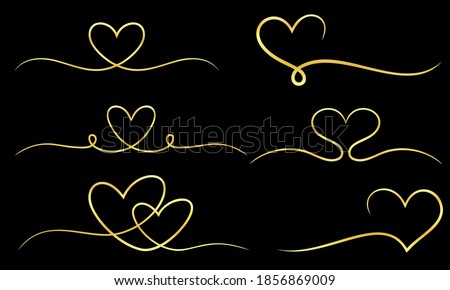 A collection of decorative frames in the shape of a gold heart ribbon. Perfect for design elements of invitation ornate frames and templates. Elegant gold love  swirl decorative set.