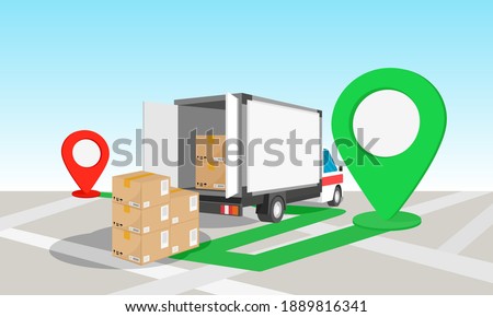 Vector illustration of a cargo truck delivering a cargo order to its destination. Suitable for design elements from illustration of delivery services, logistics distribution, maps and GPS directions. Photo stock © 