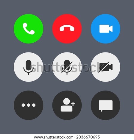 A collection of buttons for the video call user interface. Frequently used buttons and icons set for video calling applications.
