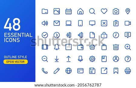 A collection of frequently used essential icons. Suitable for design elements of UI and UX. Essential icon set in outline style.