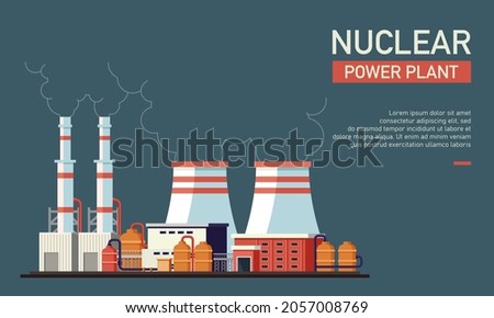 Flat vector illustration of nuclear power plant. Suitable for design element form nuclear company website background, eco friendly and renewable energy infographic.