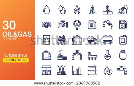 Oil and gas icon set. Oil and energy mining company outlined icon collection. Suitable for design element of gasoline refinery and oil rig company.
