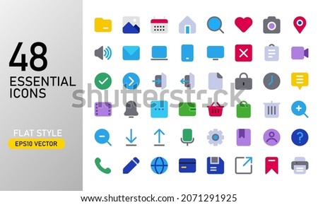 Flat essential icon set. Commonly used icon for digital technology and app user interface. Flat rounded essential icon collection.