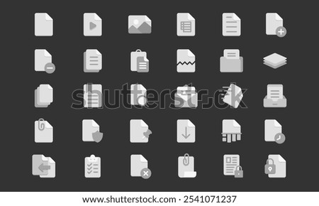 Flat grayscale documents and files icon set. Suitable for office app and computer file management icon.