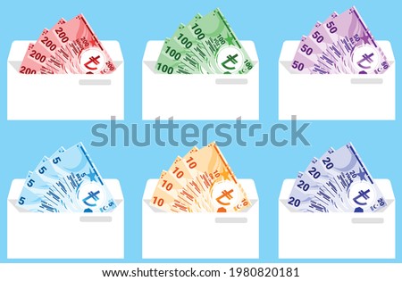 Turkish Lira Money all note in envelope vector icon logo illustration and design. Turkey Salary, royalty, revenue, payment and finance element. Can be used for web, mobile, infographic and print.
